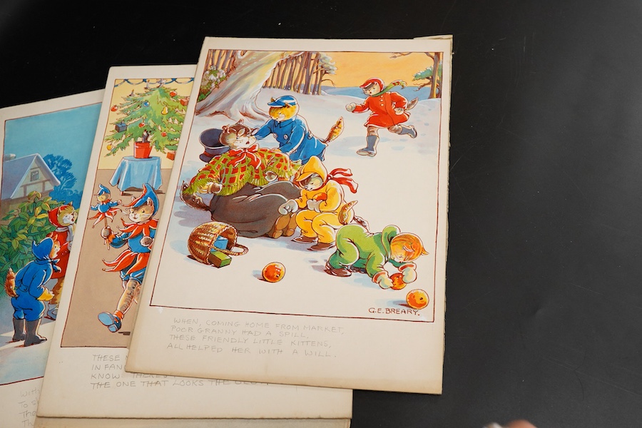 Gertrude Breary, Set of six original watercolours for children's postcard designs, Humourous cats, to include, Toboganning and Carol Singing, each signed, unframed, watercolours on card, 27 x 19cm